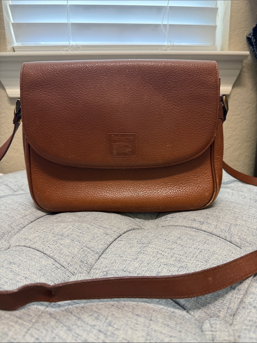 Burberrys Brown Pebbled Leather Crossbody Bag